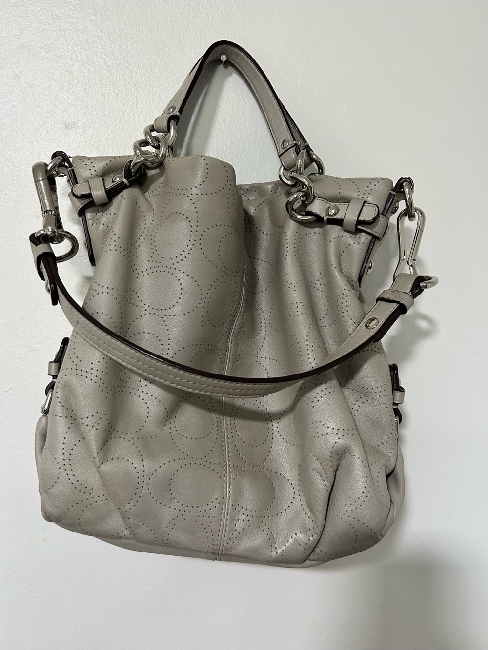 Coach Gray Perforated Signature Leather Hobo Shoulder Bag F16906